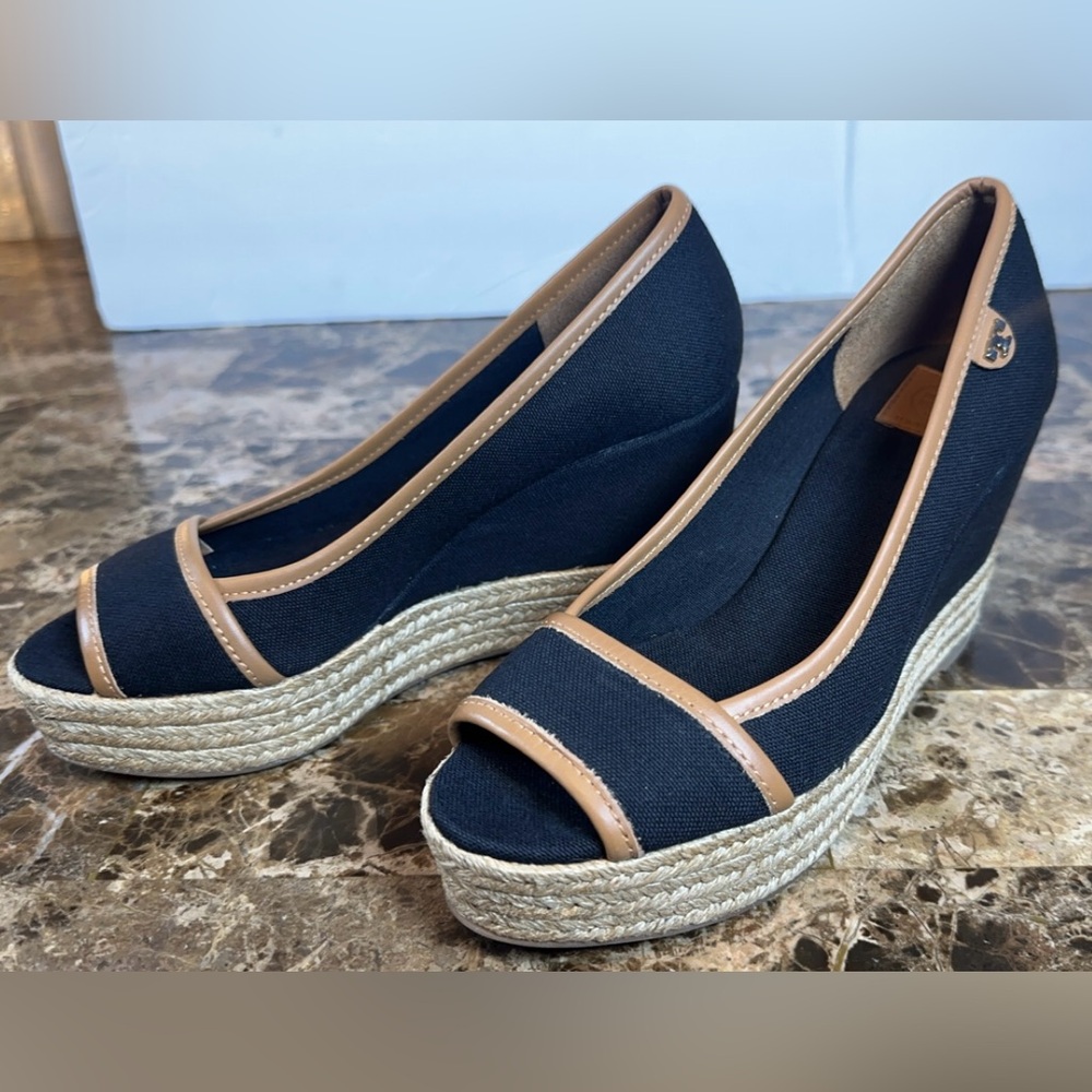 Tory Burch Majorca Espadrille Wedge Black Peep Toe Heel